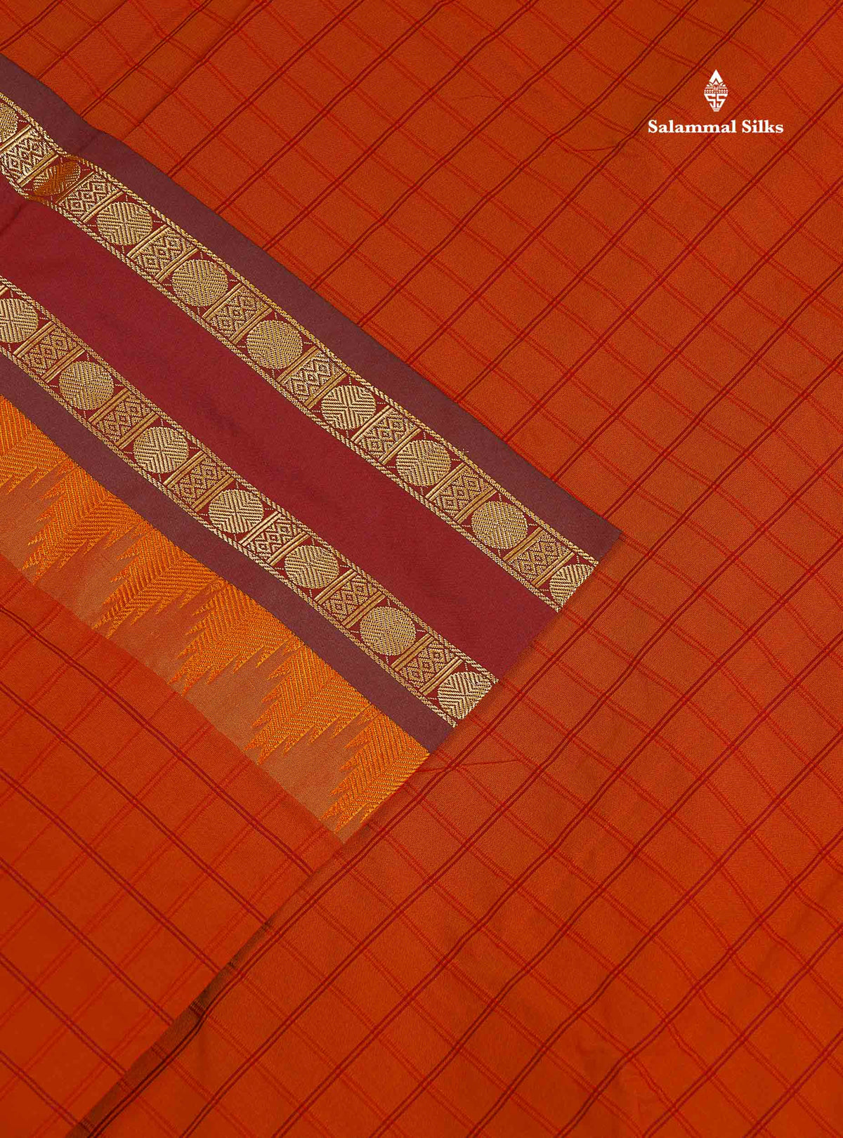 Semi Silk Saree - Rust Orange Colour Body Checks With Contrast Dark Maroon Traditional Gap & Temple Border | 9 Yards