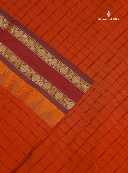 Semi Silk Saree - Rust Orange Colour Body Checks With Contrast Dark Maroon Traditional Gap & Temple Border | 9 Yards