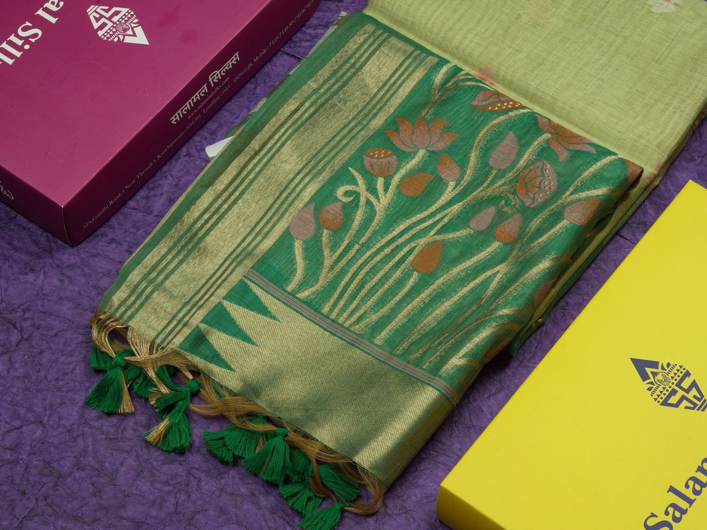 Lavender Colour Meenakari Work Muga Cotton Saree With Contrast Purple Blouse