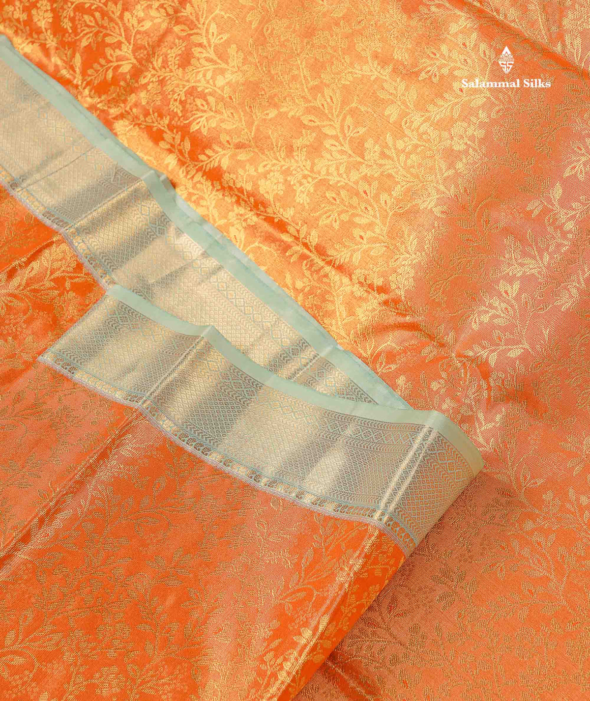 Tissue Bridal Semi Silk Saree -  Orange Colour Body With Contrast Light Green Border