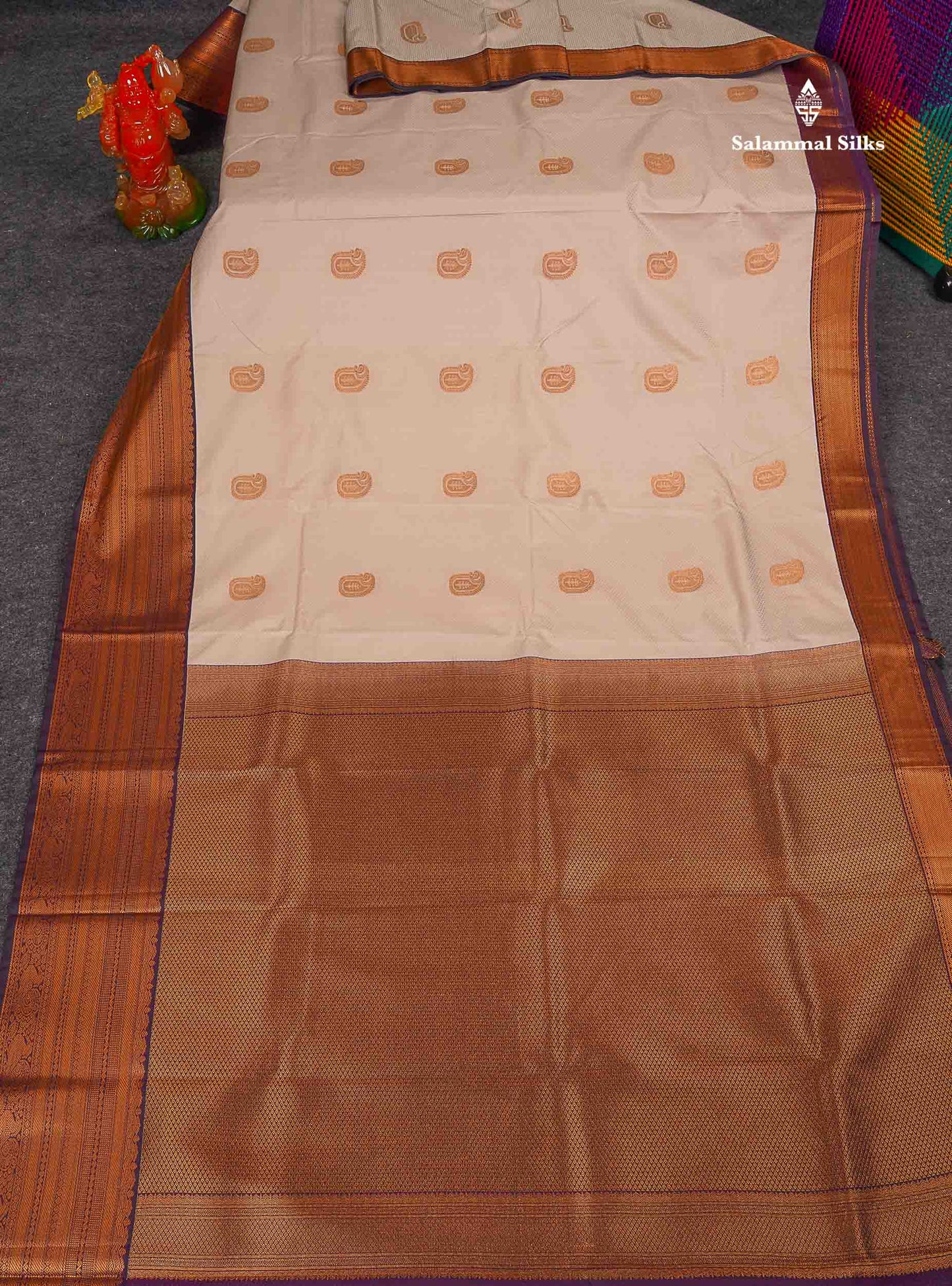 Semi Silk Saree - Light Grey Body Butta With Contrast Dark Purple Traditional Border