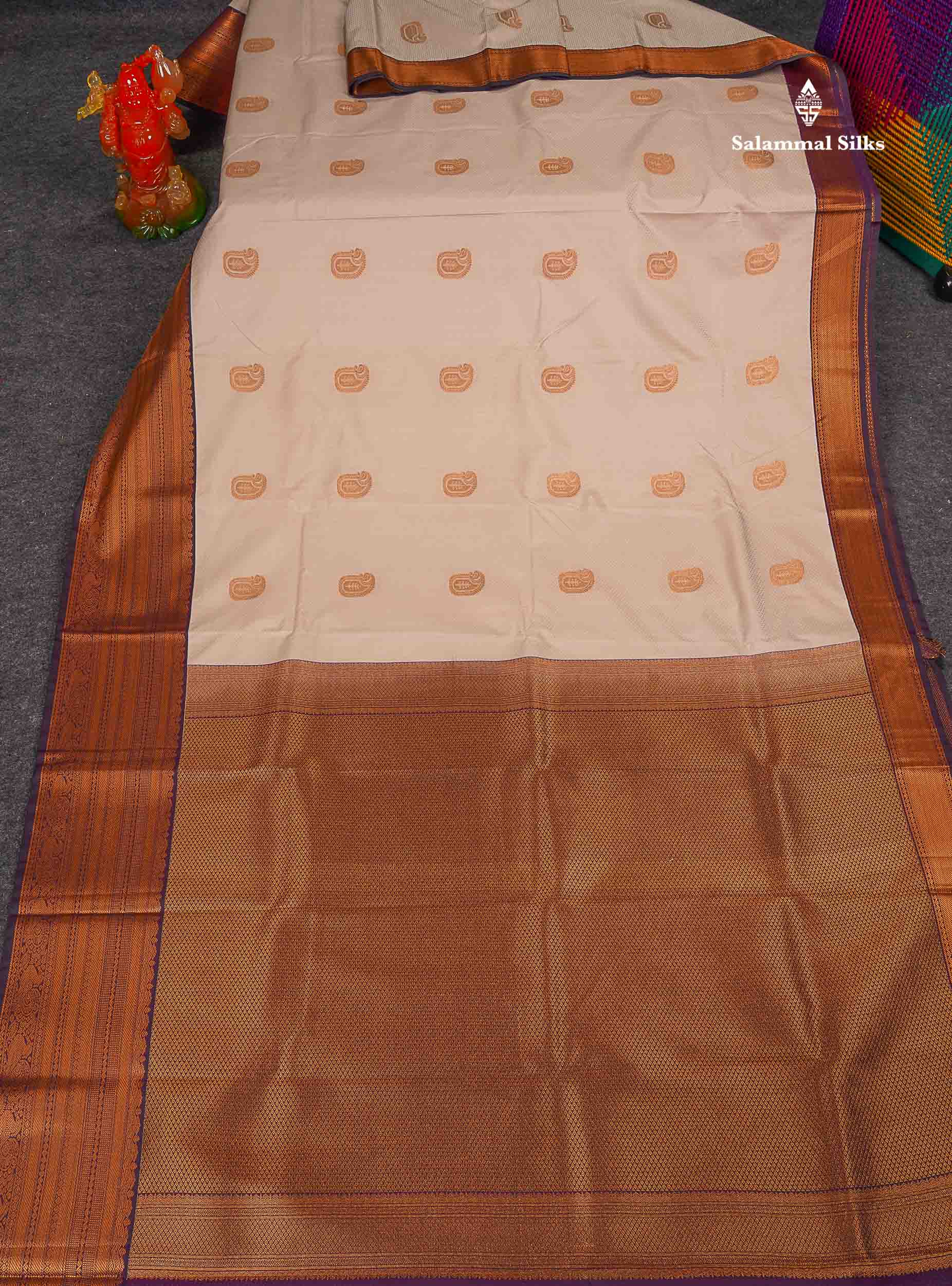 Semi Silk Saree - Light Grey Body Butta With Contrast Dark Purple Traditional Border