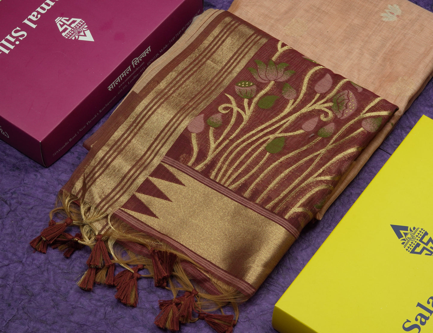 Lavender Colour Meenakari Work Muga Cotton Saree With Contrast Purple Blouse