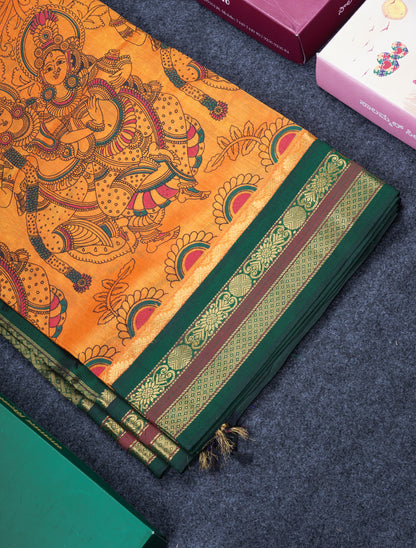 Beautiful Orangish yellow Kalamkari Design Pure Silk Cotton Saree With Ganga Jamuna Border