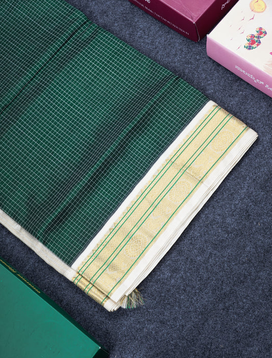 Bottle Green Colour Tiny Checks Pure Silk Cotton Saree With Contrast  Half White Border