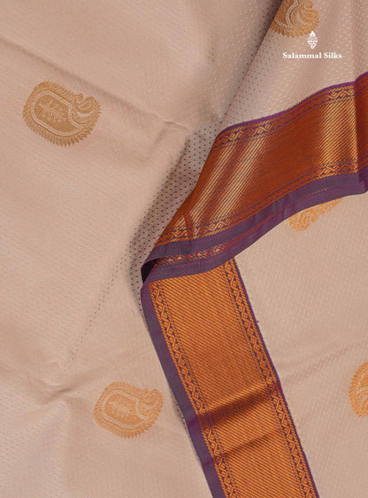 Semi Silk Saree - Light Grey Body Butta With Contrast Dark Purple Traditional Border