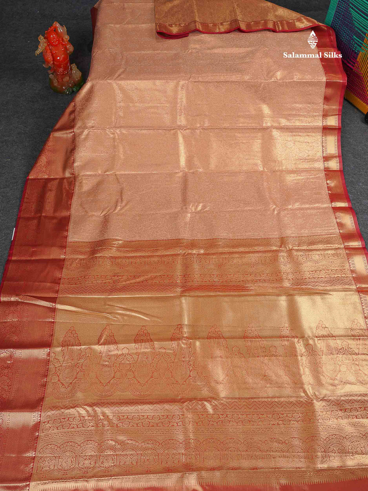 Tissue Bridal Semi Silk Saree -  Peach Colour Body With Contrast Maroon Border 