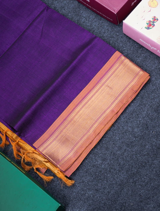 Violet Plain Pure Silk Cotton Saree With Contrast Mustard Yellow Blouse