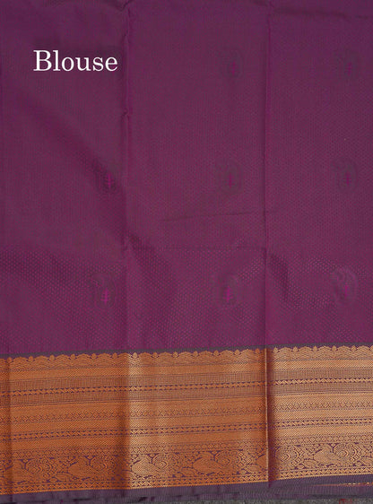 Semi Silk Saree - Light Grey Body Butta With Contrast Dark Purple Traditional Border