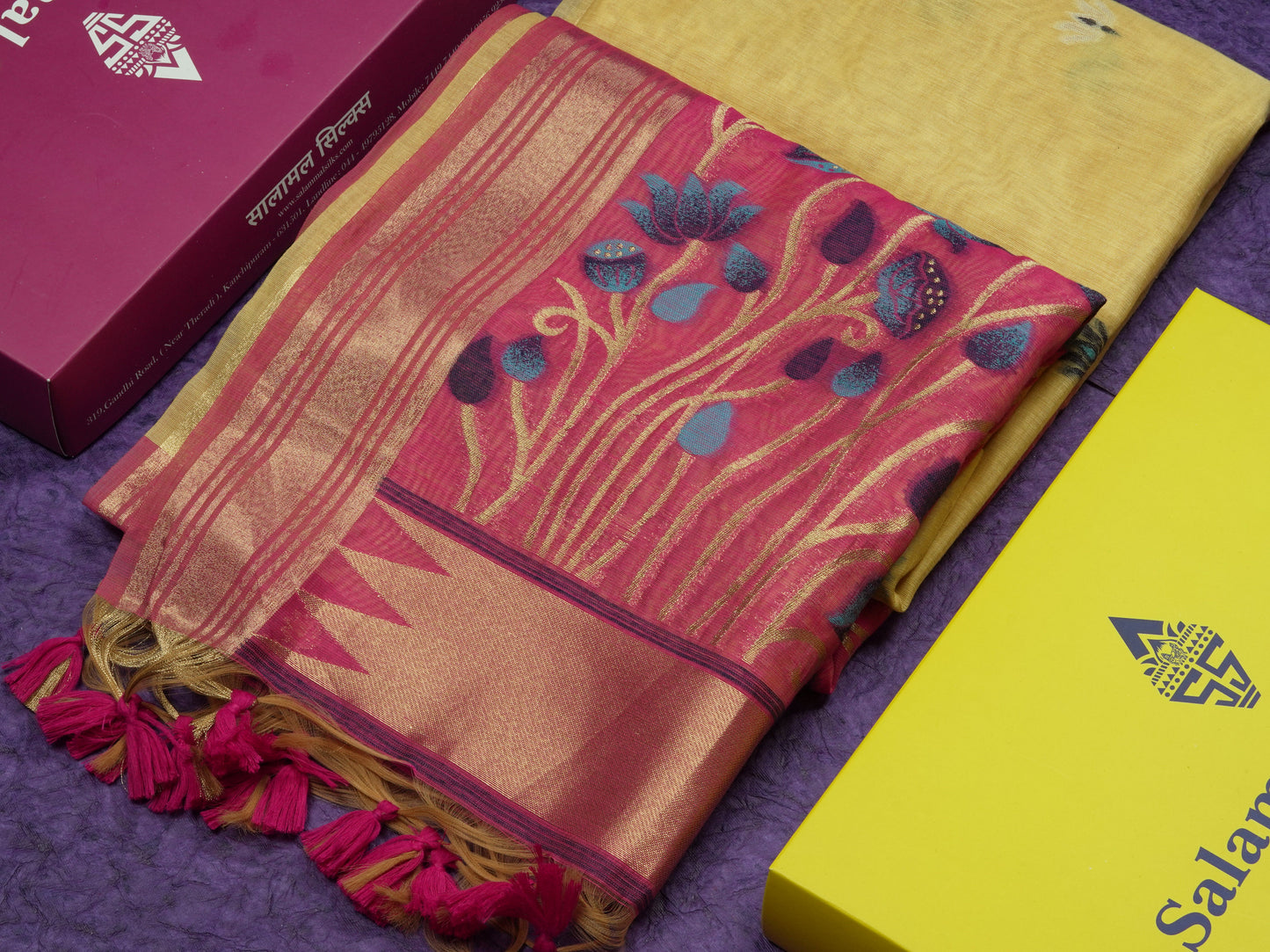 Lavender Colour Meenakari Work Muga Cotton Saree With Contrast Purple Blouse