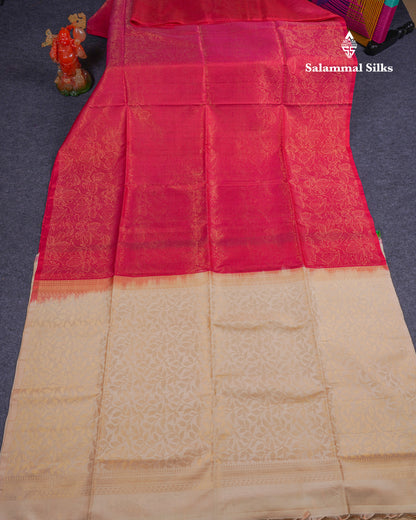 Beautiful Dual Tone Pink Pure Kanjivaram Soft Silk Saree With Contrast Sandal Blouse