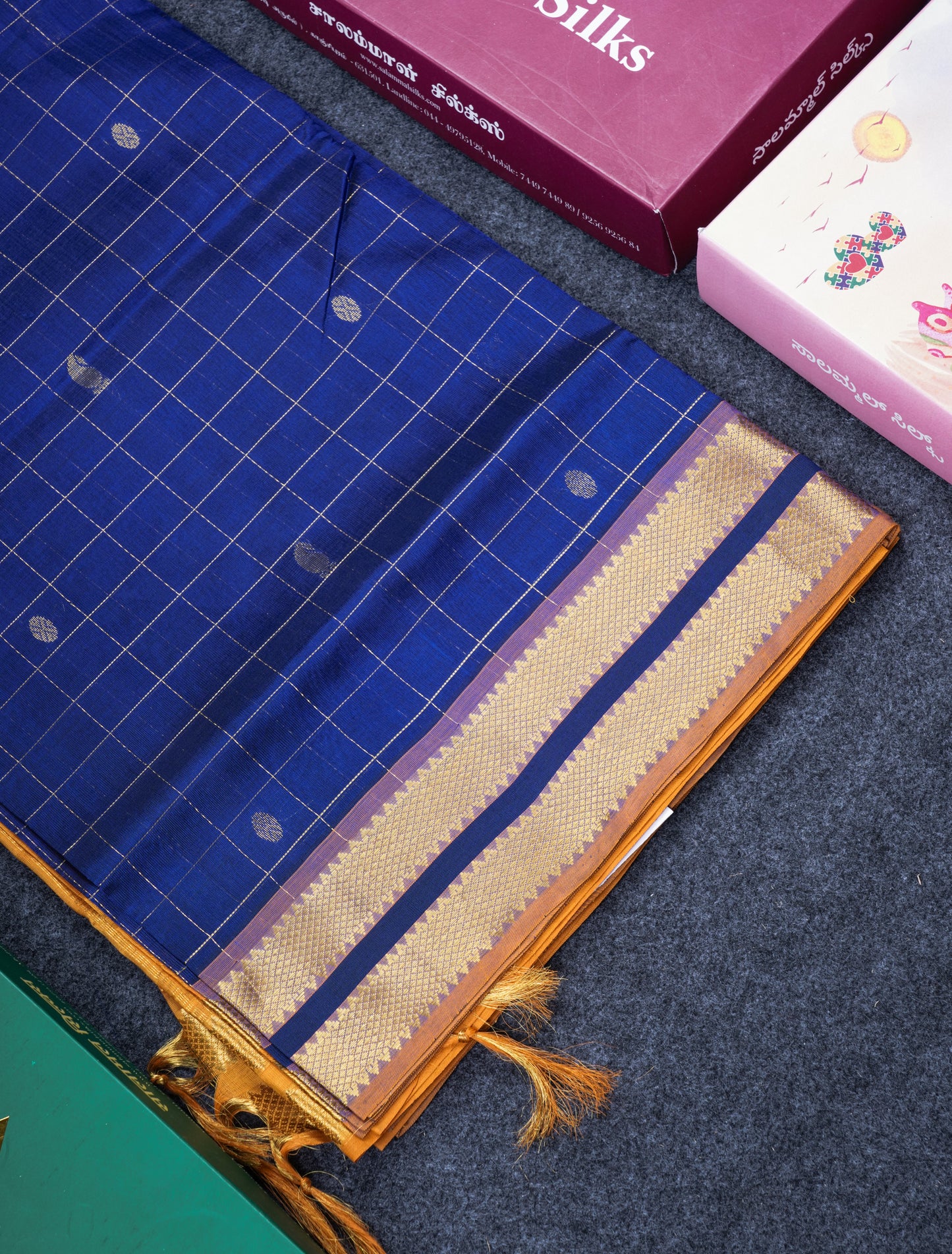 Royal Blue Zari Checks With Butta Pure Silk Cotton Saree With Contrast Mustard Yellow Blouse