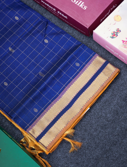 Royal Blue Zari Checks With Butta Pure Silk Cotton Saree With Contrast Mustard Yellow Blouse