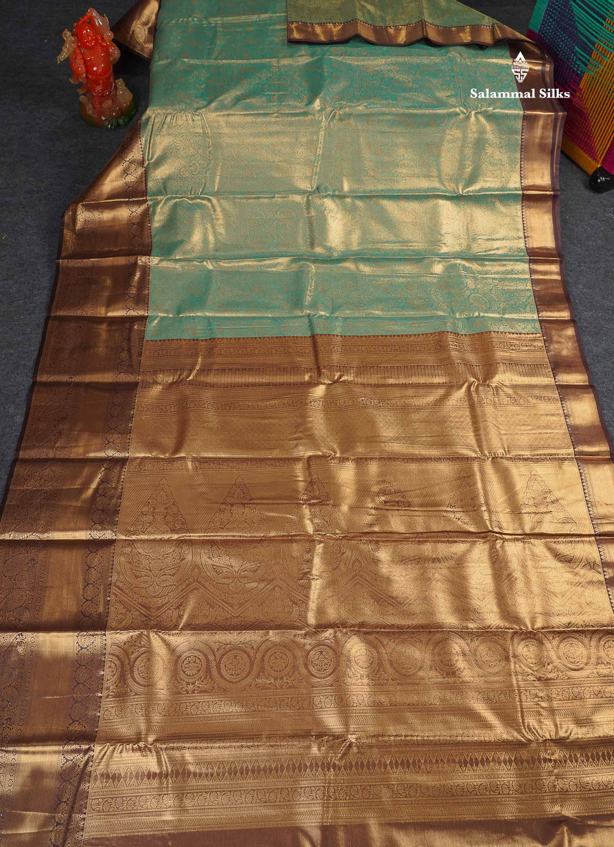 Tissue Bridal Semi Silk Saree -  Teal Green Colour Body With Contrast Dark Brown Border 