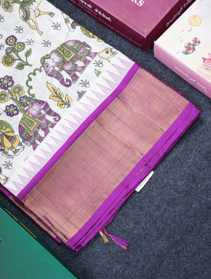 White Printed Pure Silk Cotton Saree With Contrast Vadamalli Traditional Temple Border