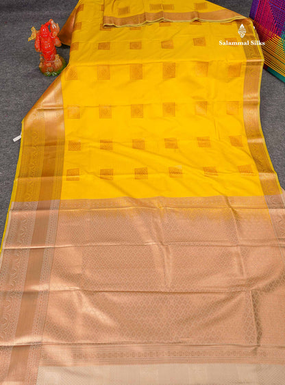 Semi Silk Saree - Yellow Colour Body Butta With Contrast Cream Sandal Blouse