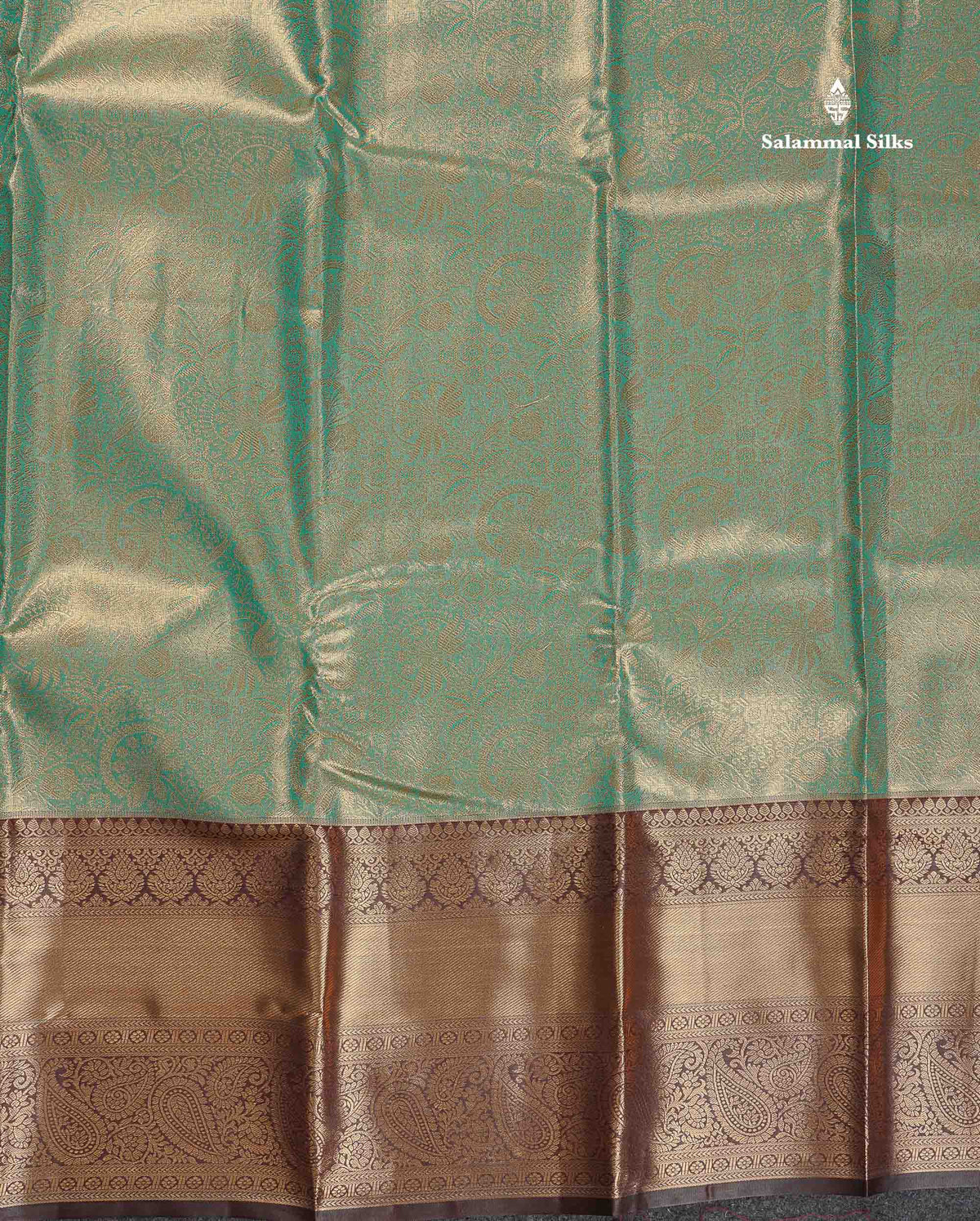 Tissue Bridal Semi Silk Saree -  Teal Green Colour Body With Contrast Dark Brown Border