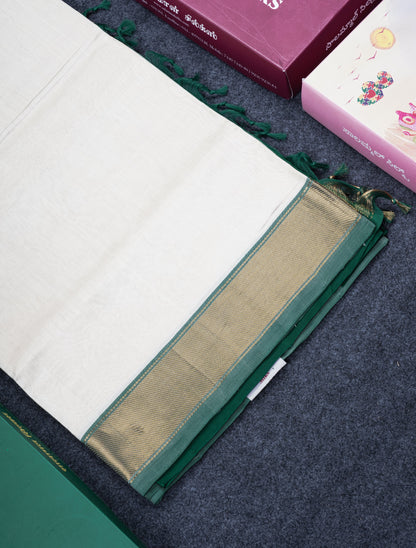 Half White Plain Pure Silk Cotton Saree With Contrast Bottle Green Blouse