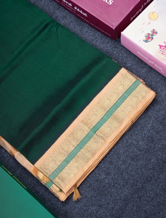 Bottle Green Plain Pure Silk Cotton Saree With Contrast Light Orange Traditional Border