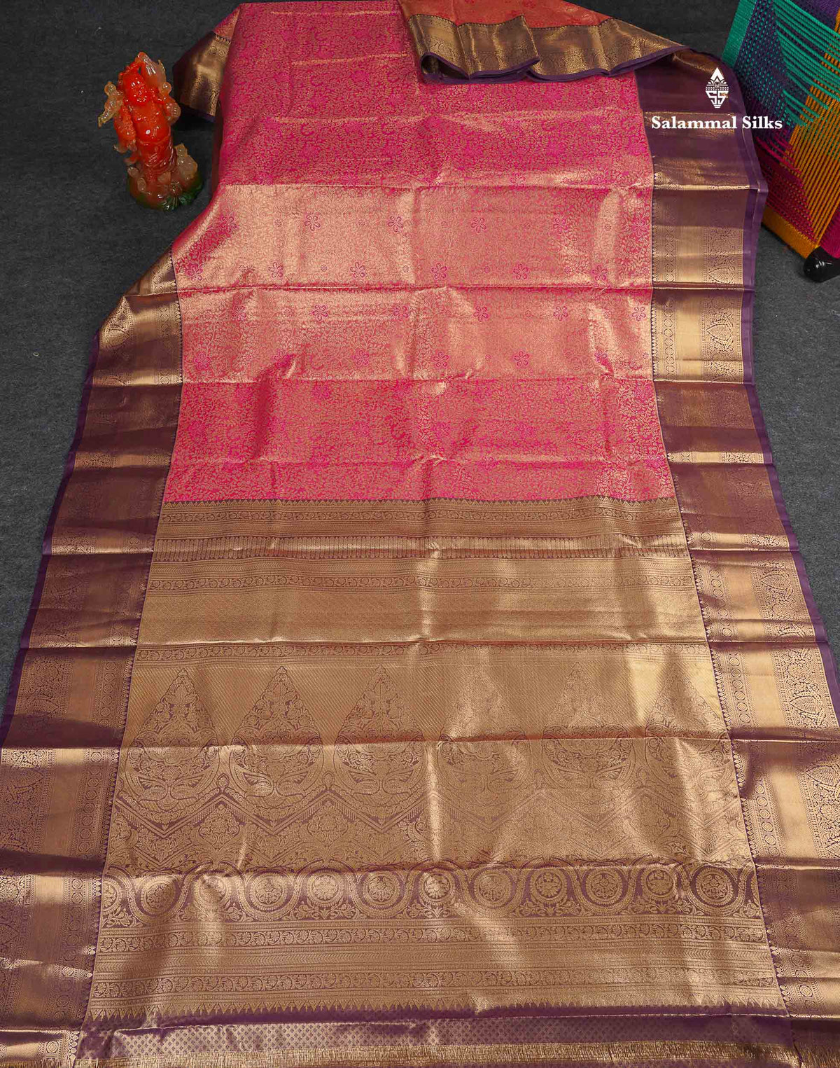 Tissue Bridal Semi Silk Saree - Pink Colour Body With Contrast Dark Purple Border 