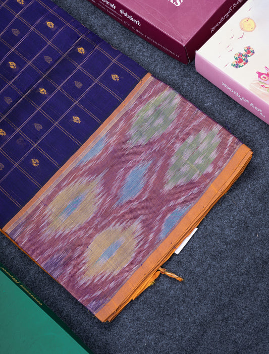 Violet Checks With Butta Pure Silk Cotton Saree With Tissue Ekkat Deisgn Border