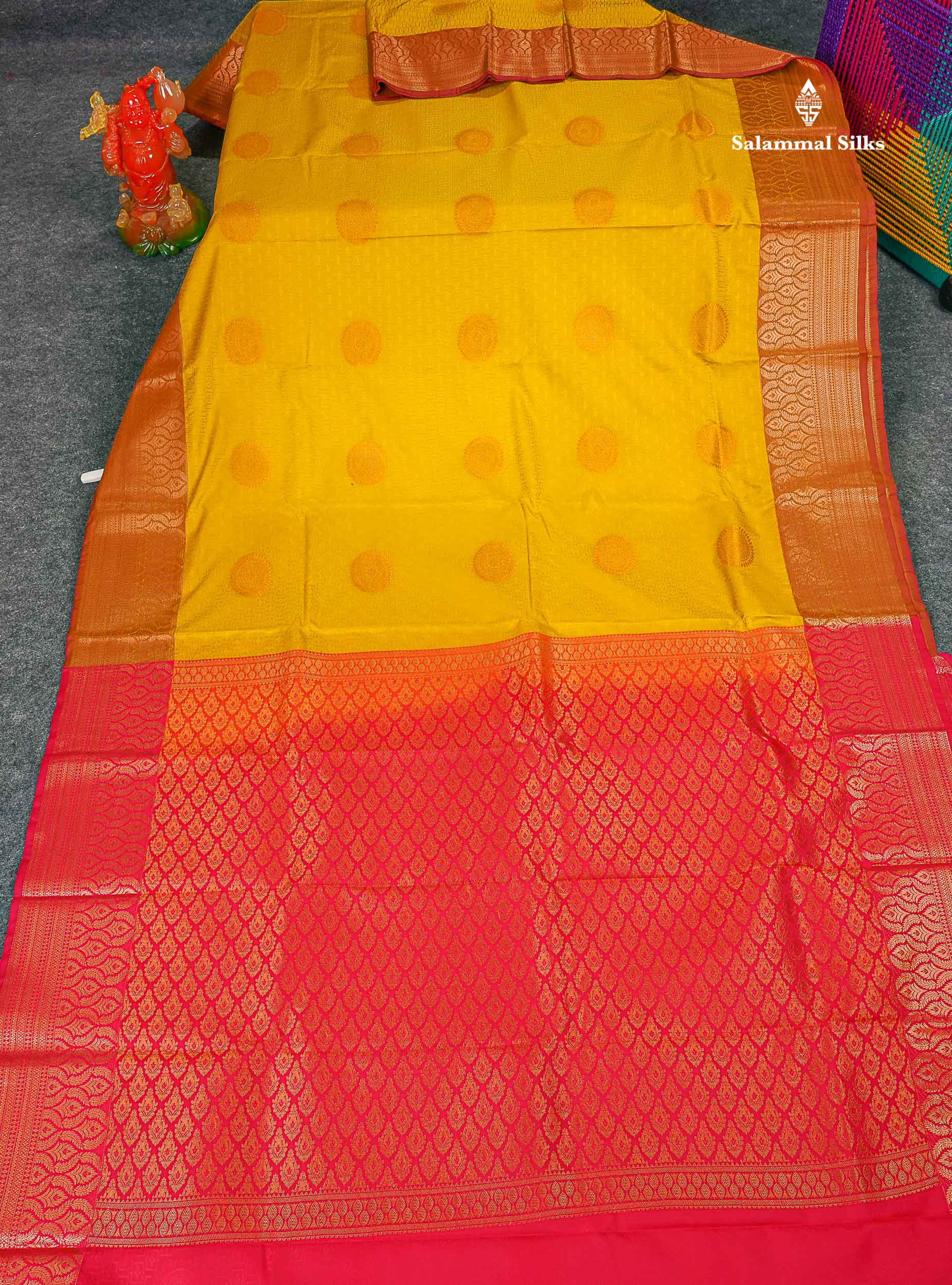 Semi Silk Saree - Yellow Colour Body Butta With Contrast Redish Pink Blouse