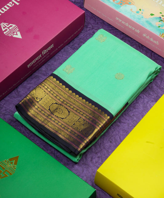 Sea Green Korvai Pure Kanjivaram Silk Saree with Contrast Violet Traditional Border