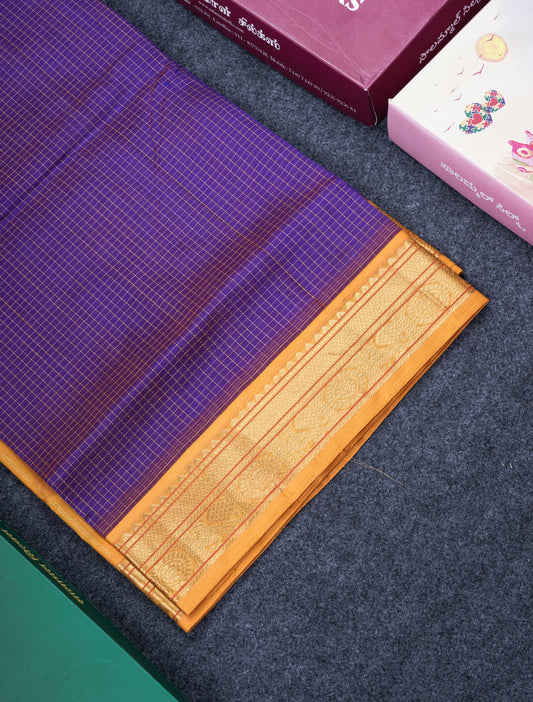 Violet Tiny Checks Pure Silk Cotton Saree With Contrast Mustard Yellow Traditional Border