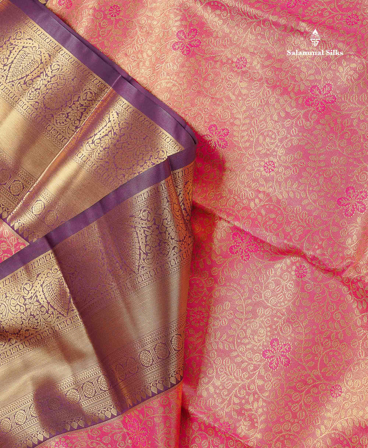 Tissue Bridal Semi Silk Saree - Pink Colour Body With Contrast Dark Purple Border
