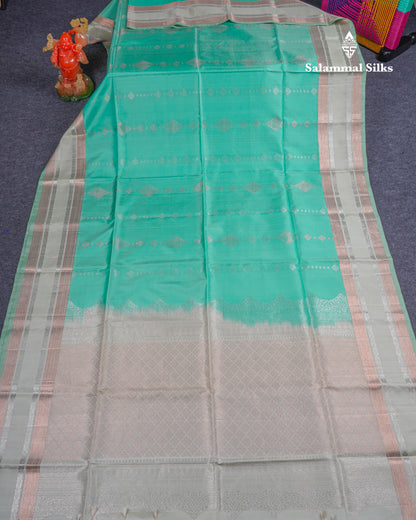 Beautiful Sea Green Pure Kanjivaram Soft Silk Saree With Contrast Cream Green Border