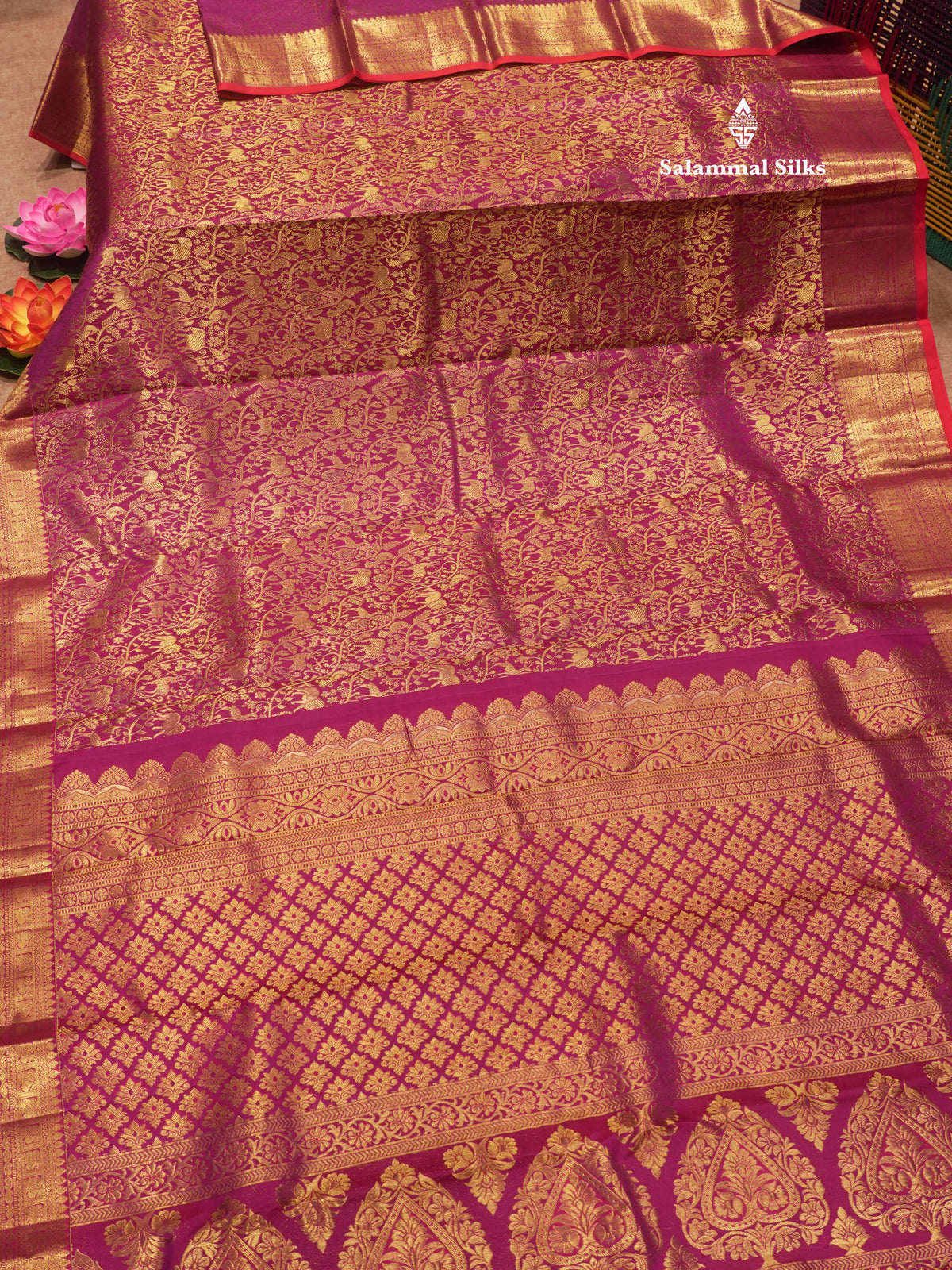 Kanjivaram Magenta Vanasingaram Beautiful Pure Silk Saree With Red Blouse