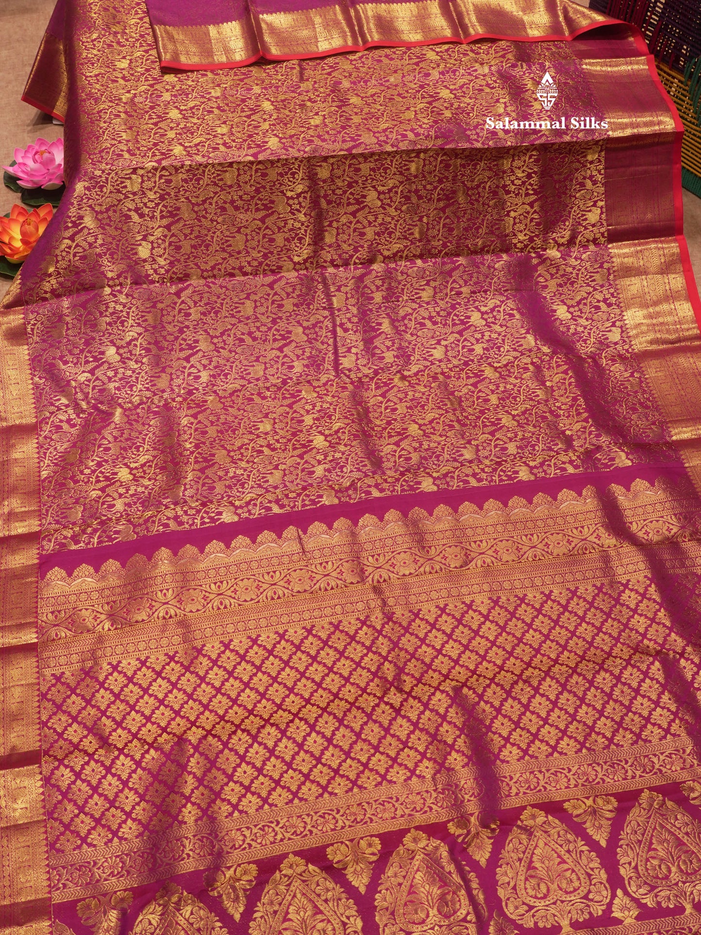 Kanjivaram Magenta Vanasingaram Beautiful Pure Silk Saree With Red Blouse