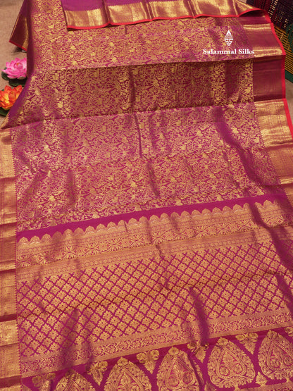 Kanjivaram Magenta Vanasingaram Beautiful Pure Silk Saree With Red Blouse