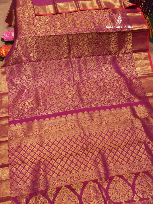 Kanjivaram Magenta Vanasingaram Beautiful Pure Silk Saree With Red Blouse
