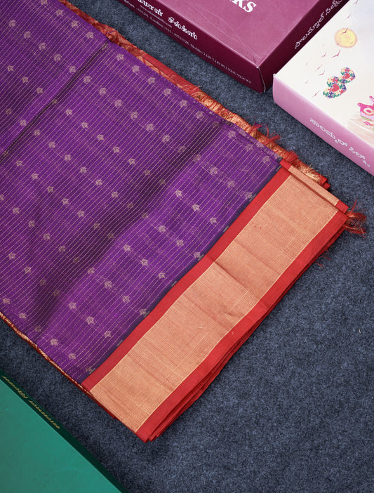 Dark Purple Zari Lines Pure Silk Cotton Saree With Contrast Red Traditional Evening Morning Border