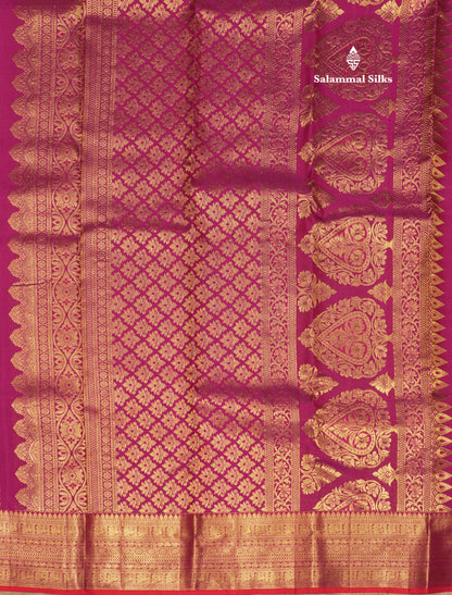Kanjivaram Magenta Vanasingaram Beautiful Pure Silk Saree With Red Blouse