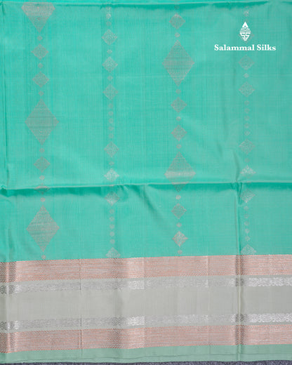Beautiful Sea Green Pure Kanjivaram Soft Silk Saree With Contrast Cream Green Border