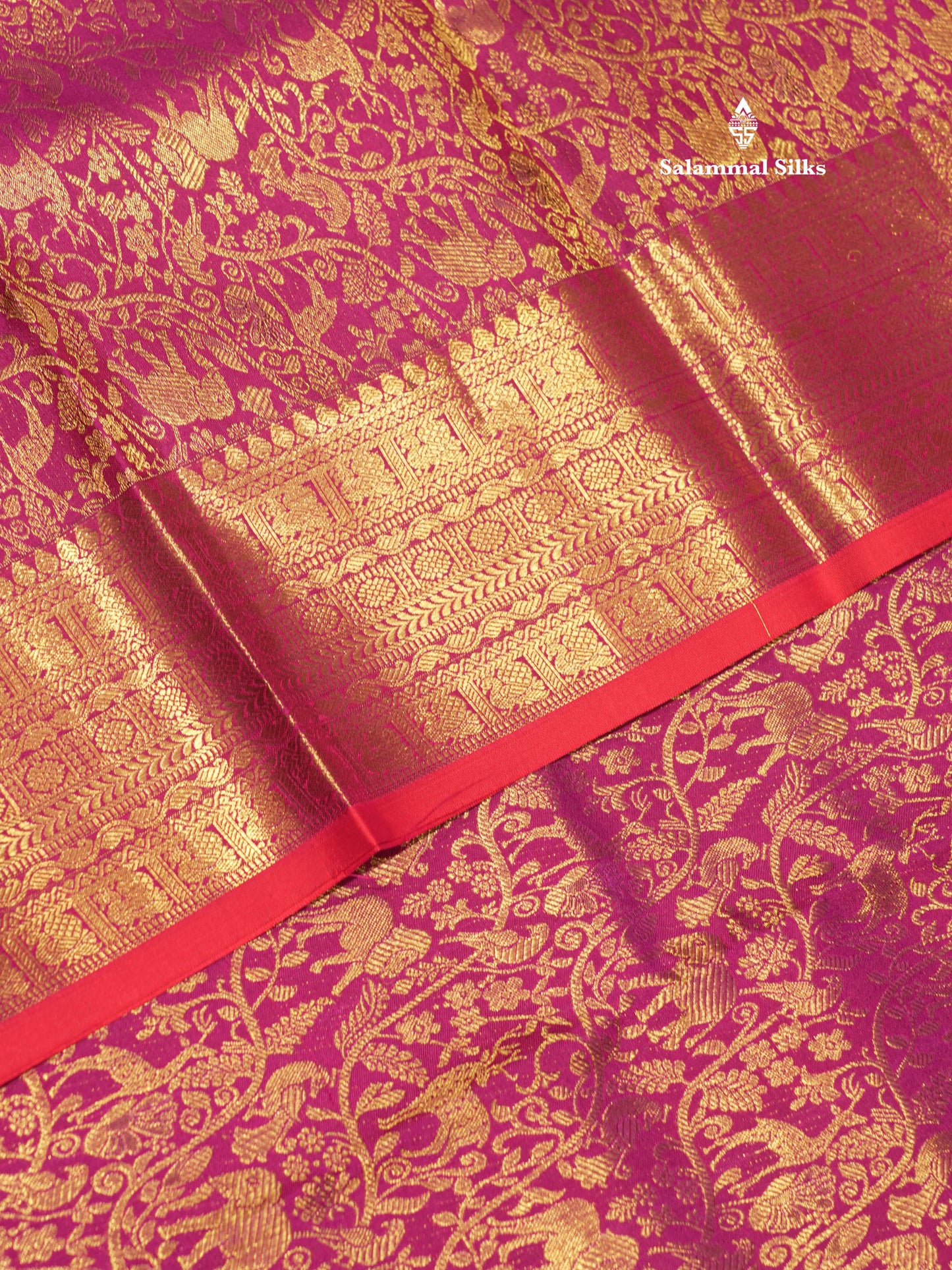 Kanjivaram Magenta Vanasingaram Beautiful Pure Silk Saree With Red Blouse