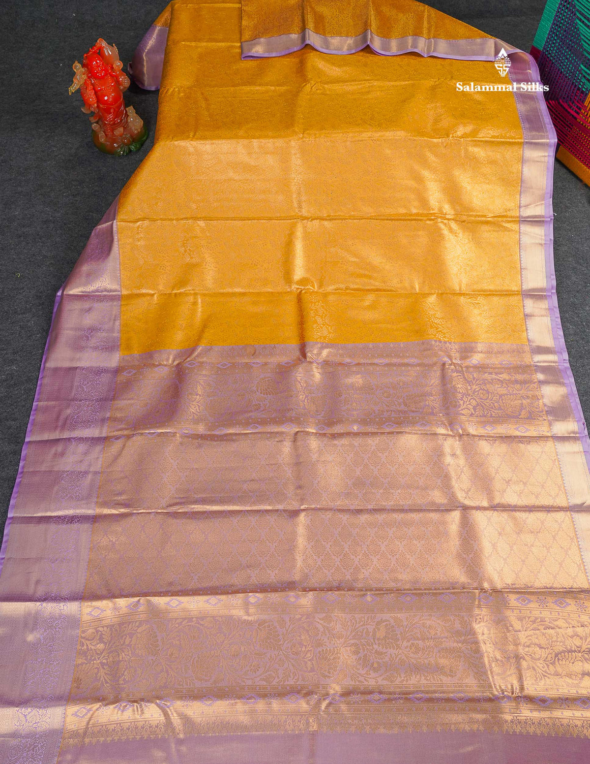 Tissue Bridal Semi Silk Saree - Golden Yellow Colour Body With Contrast Light Lavender Border