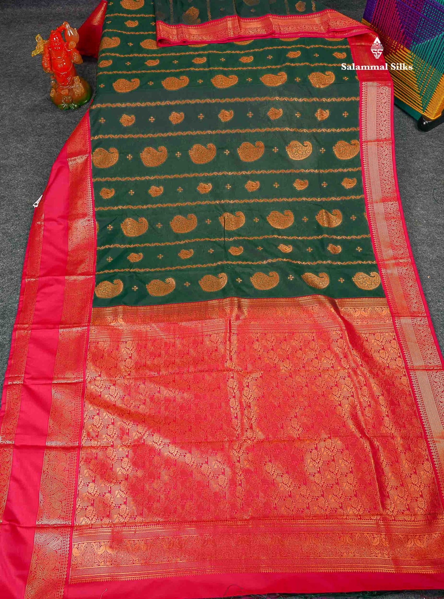 Semi Silk Saree - Bottle Green Body Butta With Contrast Pink Traditional Gap Border