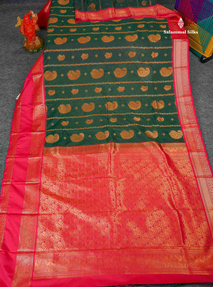 Semi Silk Saree - Bottle Green Body Butta With Contrast Pink Traditional Gap Border