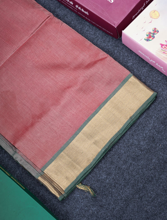 Onion Pink Pure Silk Cotton Saree With Contrast Light Green Blouse