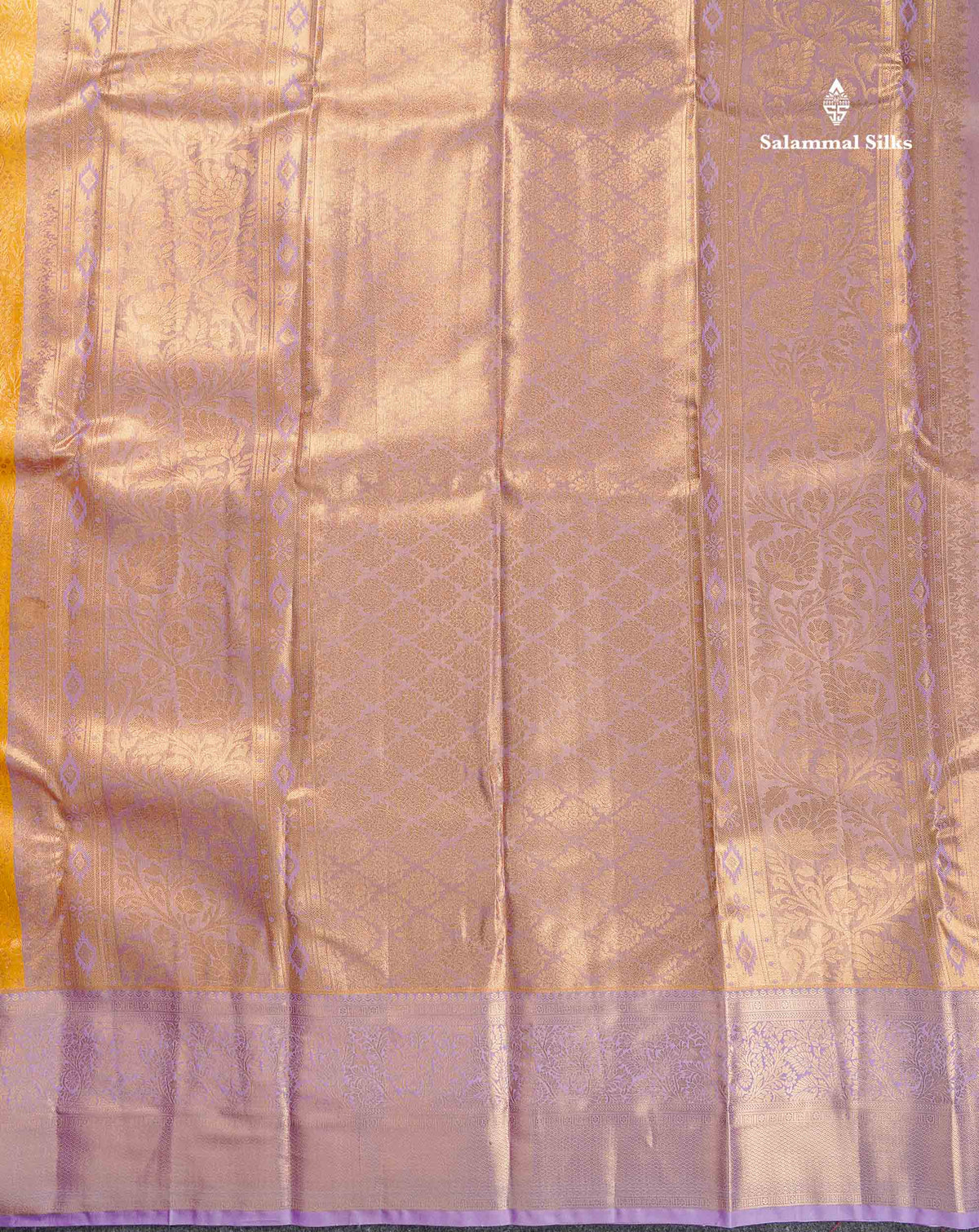 Tissue Bridal Semi Silk Saree - Golden Yellow Colour Body With Contrast Light Lavender Border