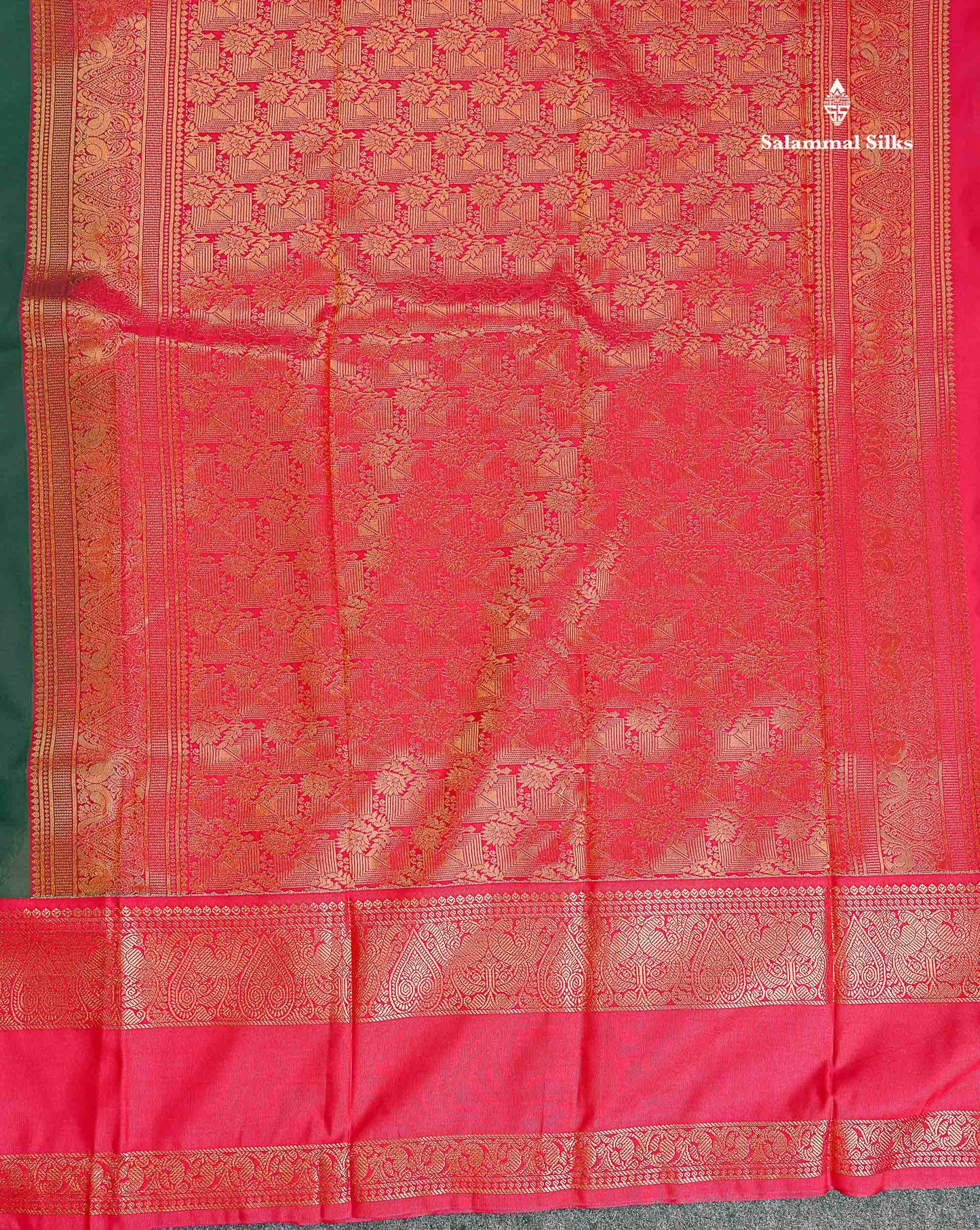Semi Silk Saree - Bottle Green Body Butta With Contrast Pink Traditional Gap Border