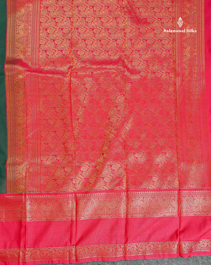 Semi Silk Saree - Bottle Green Body Butta With Contrast Pink Traditional Gap Border