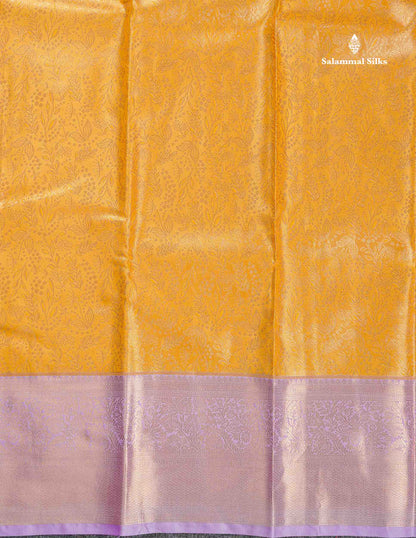 Tissue Bridal Semi Silk Saree - Golden Yellow Colour Body With Contrast Light Lavender Border