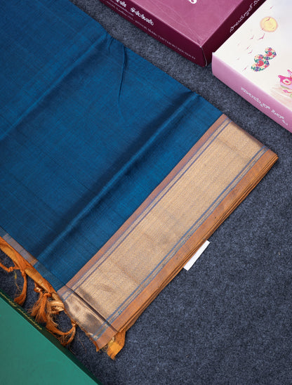 Ramar Blue Plain Pure Silk Cotton Saree With Contrast Mustard Yellow Blouse