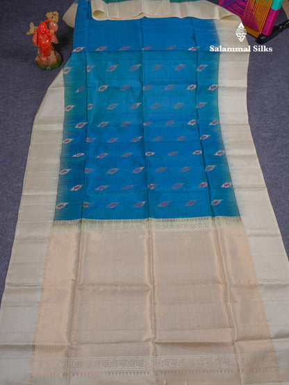 Beautiful Peacock Blue Pure Kanjivaram Soft Silk Saree With Contrast Cream Sandal Border