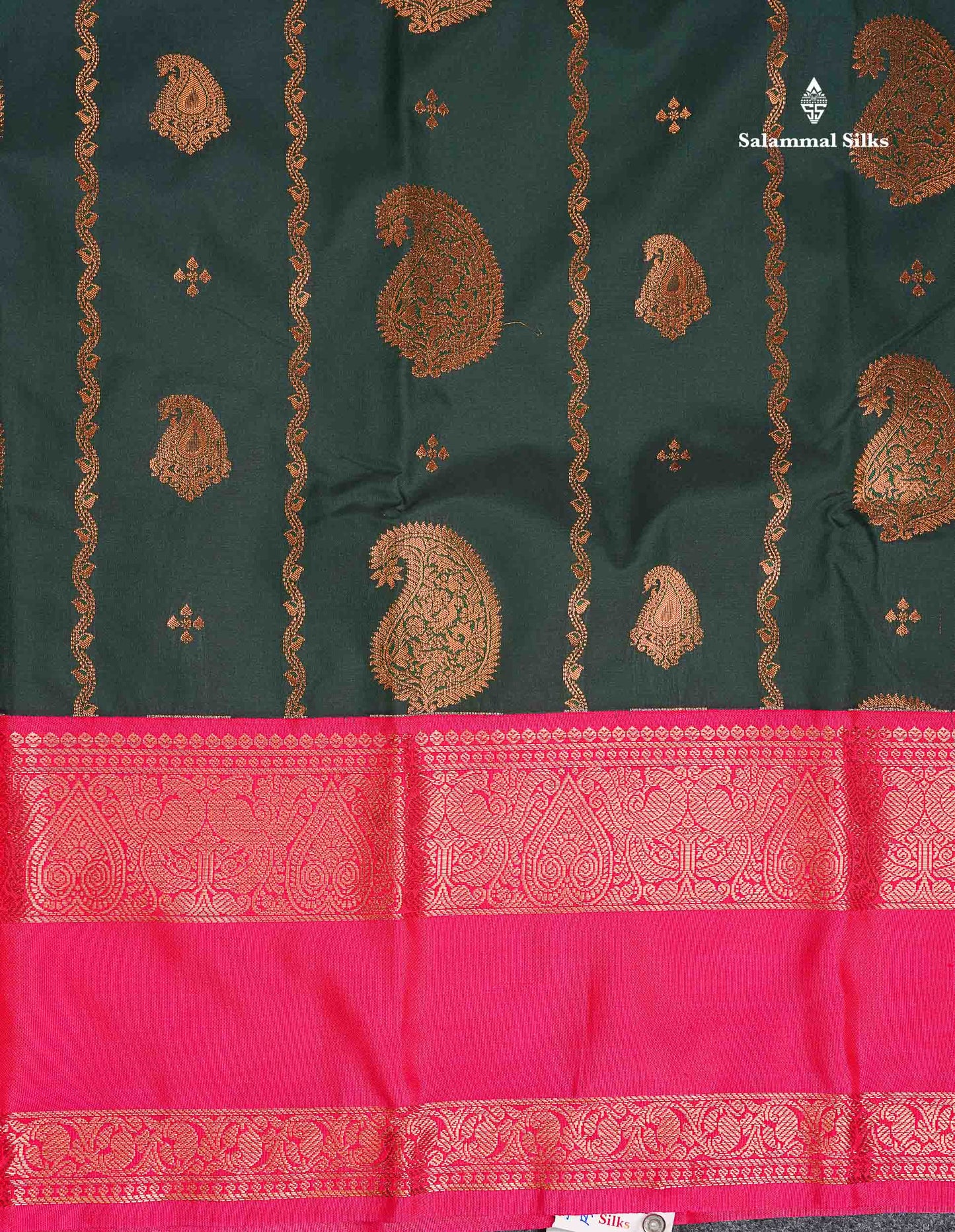 Semi Silk Saree - Bottle Green Body Butta With Contrast Pink Traditional Gap Border
