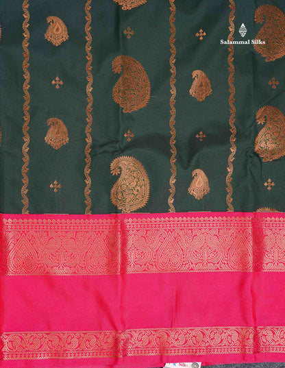 Semi Silk Saree - Bottle Green Body Butta With Contrast Pink Traditional Gap Border